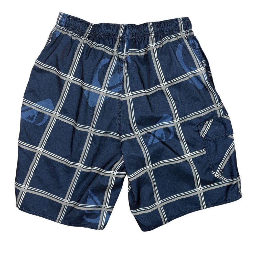 Quiksilver Navy Plaid Swim Trunks W/ Cargo Pocket Elastic Waist Size Medium